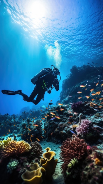 サンゴ礁の保全 ダイバーが色とりどりの水中世界を探検