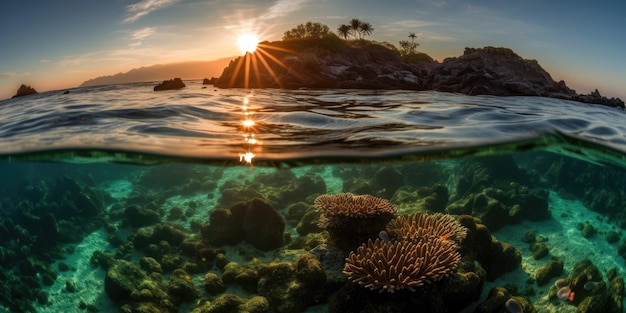 A coral reef is seen under the water at sunset.