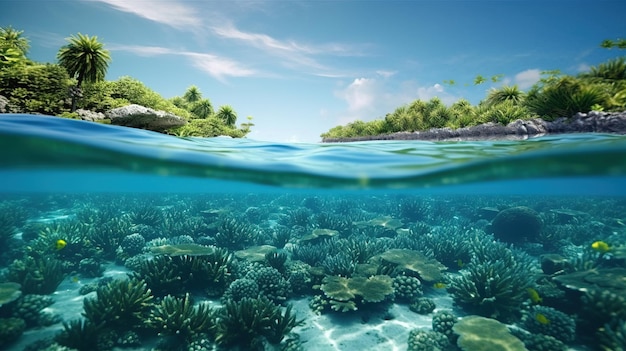 サンゴ礁と木々の陸地 ジェネレーティブ AI アート