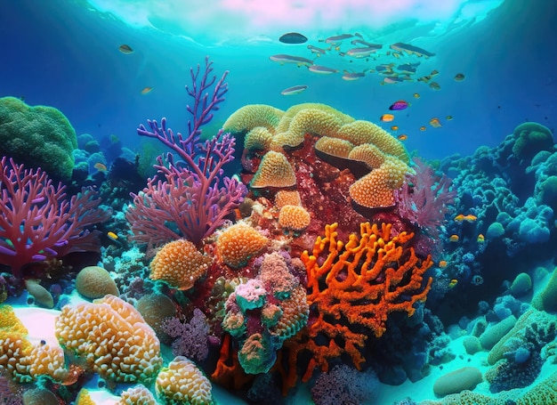 a coral reef landscape in the sea