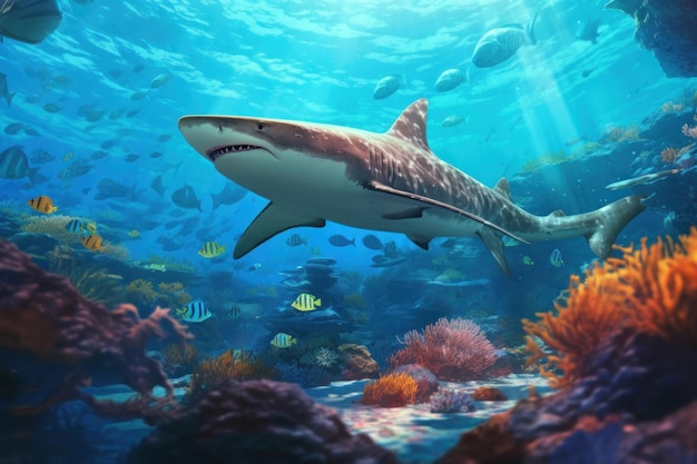 Coral reef landscape and tiger shark Illustration AI GenerativexA