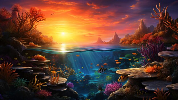 Photo coral reef in a subaquatic haven enhanced by a spectacular sunset
