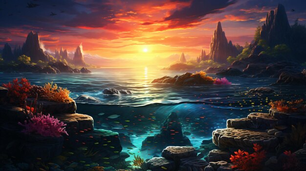 Coral Reef in a Subaquatic Haven Enhanced by a Spectacular Sunset