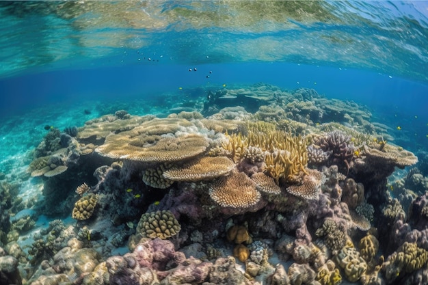 Coral reef underwater with schools of fish swimming in the clarity created with generative ai