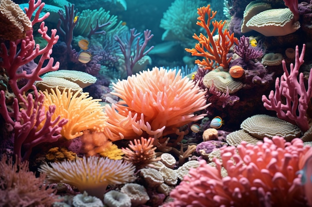 コーラル・リーフ・ウォールペーパー 海の花色のサンゴ礁 サンゴ礁 背景 水中のサンゴ礁 舞台 海の植物 壁紙 色とりどりのサンゴ礁 AI ゲネレーティブ