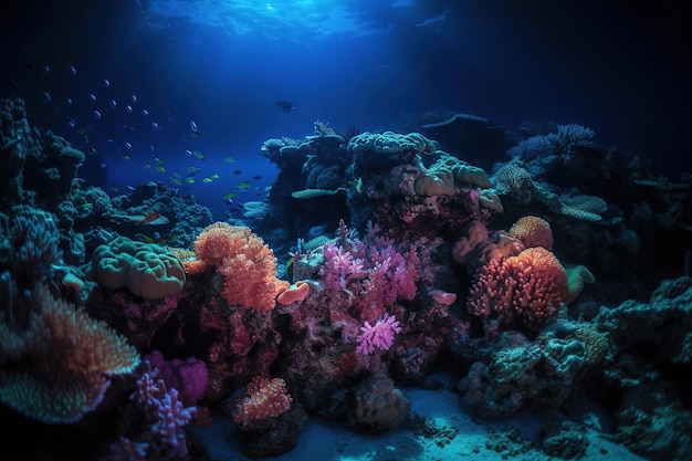 A coral reef with a blue background and a fish swimming in the water.