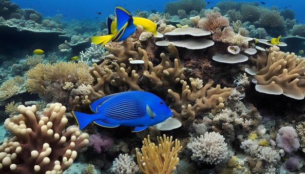 a coral reef with a blue fish and some other fish