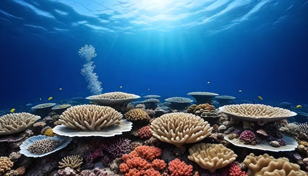 Коралловый риф с голубым океаном и кораллами под поверхностью