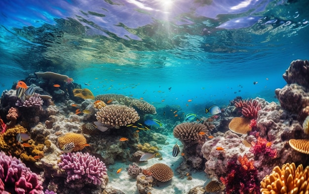 A coral reef with a blue sky and a fish swimming in the water.