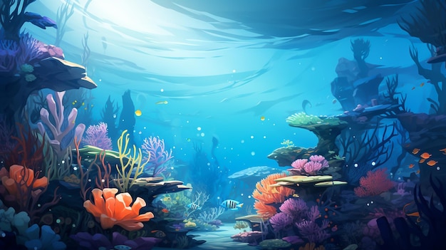 a coral reef with corals and fish.