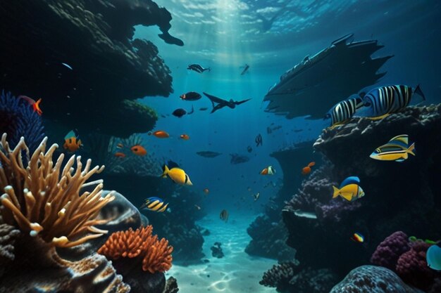 a coral reef with a diver and tropical fish swimming under it