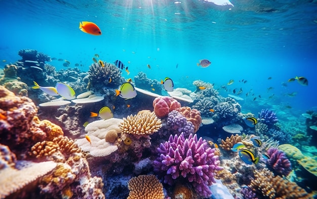 A coral reef with fish and a blue background