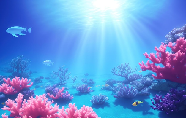 coral reef with fish, blue sea, underwater scene with reef