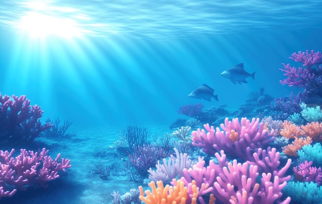 coral reef with fish, blue sea, underwater scene with reef