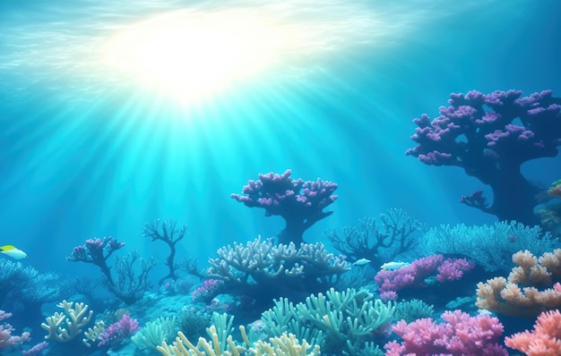 coral reef with fish, blue sea, underwater scene with reef