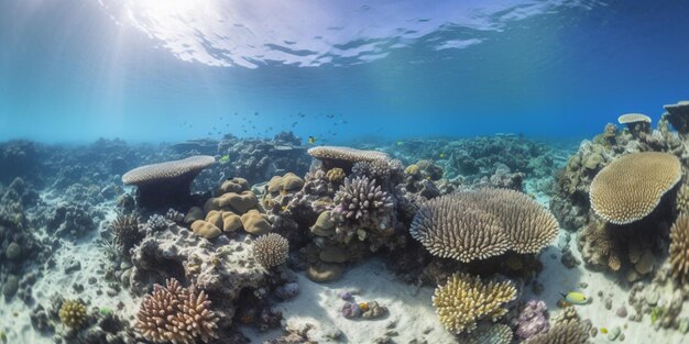 背景に魚が泳いでいるサンゴ礁。