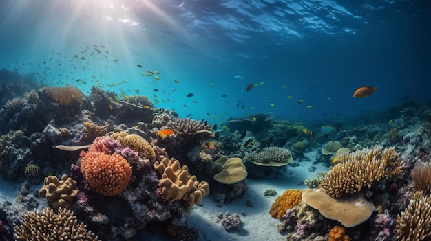 A coral reef with a fish swimming in the ocean.