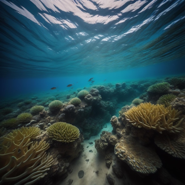 A coral reef with a fish swimming in the water