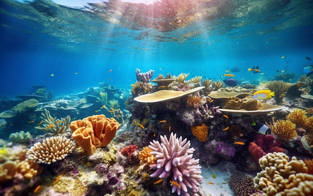 A coral reef with fish swimming in the water