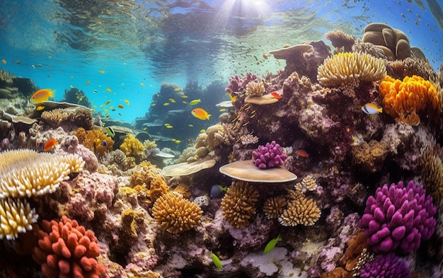 A coral reef with a fish swimming in the water