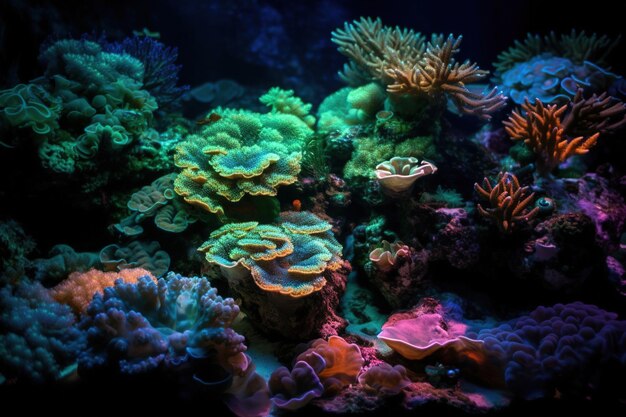 A coral reef with a green light that is lit up.