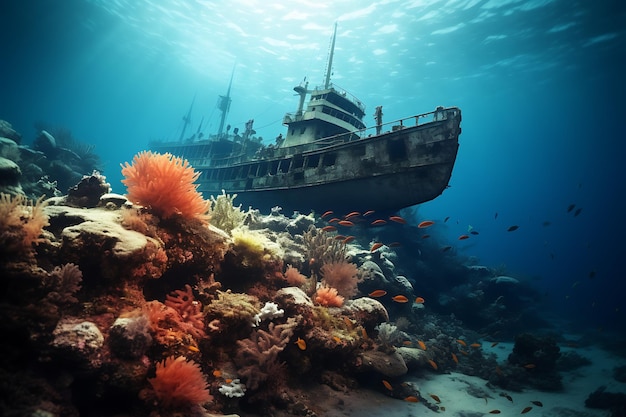 A coral reef with a hidden shipwreck waiting to be explored realistic photo