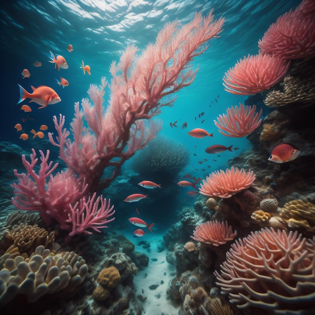 A coral reef with a large amount of corals and a small fish.