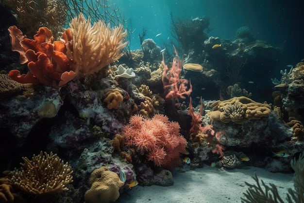 A coral reef with a lot of corals and a seaweed.