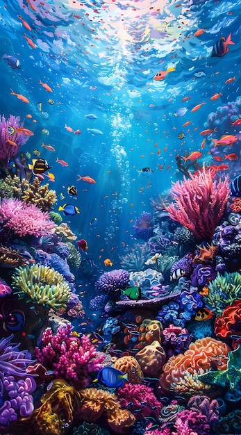 A coral reef with lots of fish and corals in the ocean