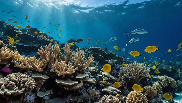 A coral reef with many colorful fish swimming around it A coral reef with many types of fish