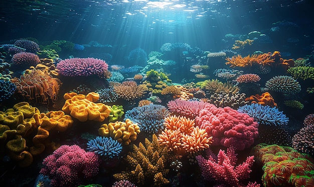 a coral reef with many different colored corals and the sun shining through the water