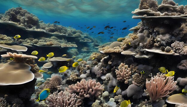 a coral reef with many different colored fish and corals
