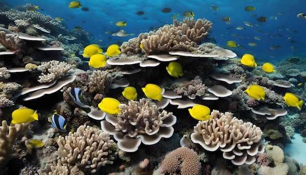 a coral reef with many small yellow fish and some other fish