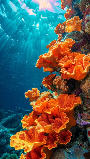 Foto una barriera corallina con una spugna arancione e uno sfondo d'acqua blu