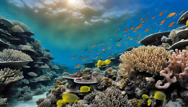 a coral reef with a school of fish and a sunburst in the background