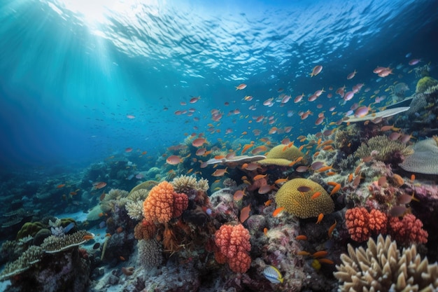Coral reef with schools of colorful fish swimming among the coral created with generative ai
