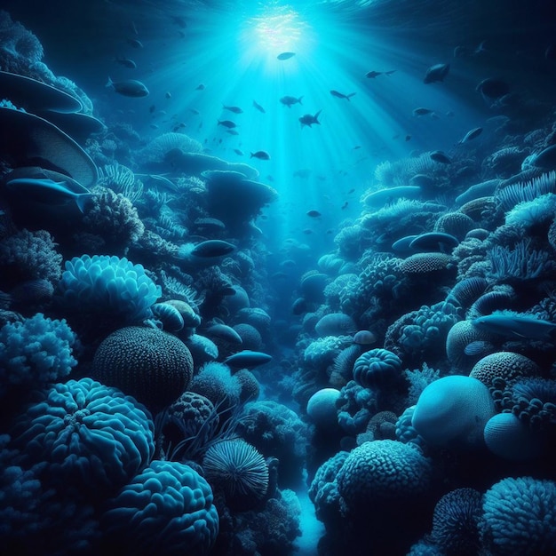 a coral reef with several small fish swimming around it