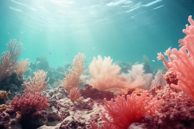 коралловый риф с морской звездой, плавающей в воде.
