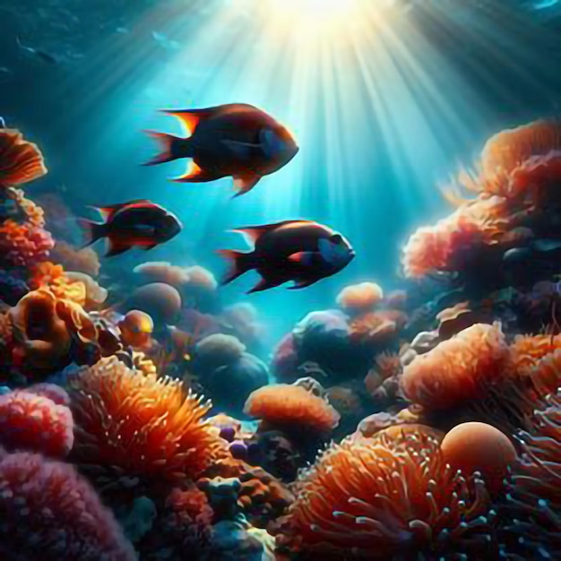 a coral reef with a sun shining behind it