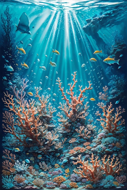 Coral reef with a sunburst of light