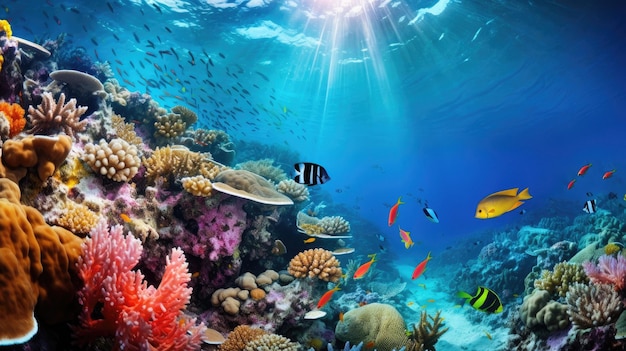 A coral reef with tropical fish and corals