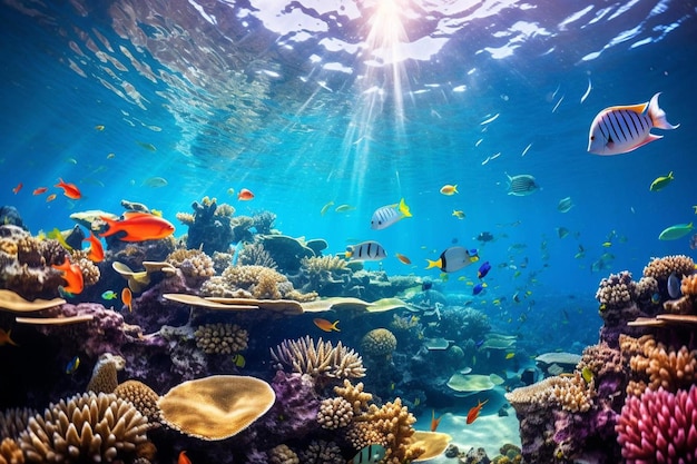 Коралловый риф с тропическими рыбами и солнечными лучами на поверхности.