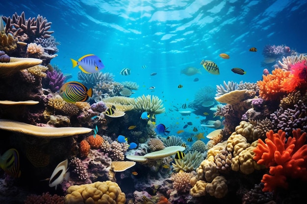 Коралловый риф с тропическими рыбами на дне.