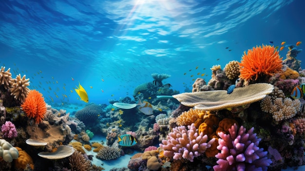 Premium Photo | A coral reef with a turtle and a yellow fish.