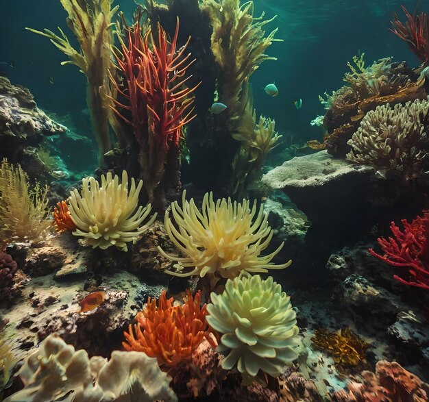 a coral reef with a variety of corals and sponges