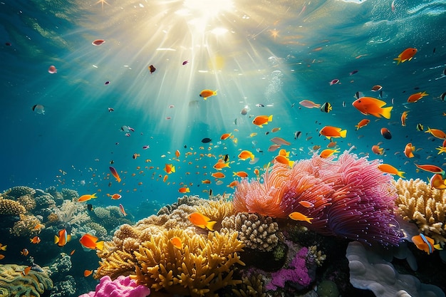 a coral reef with various tropical fish and corals