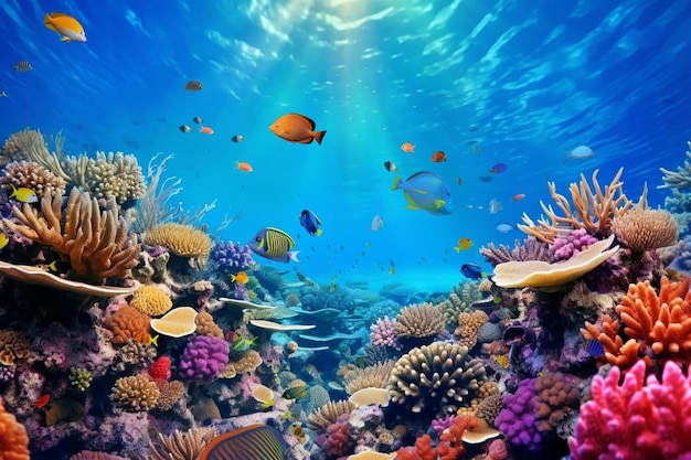 a coral reef with various tropical fish and corals