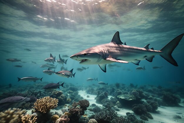 野生のサメと魚が生息するサンゴ礁