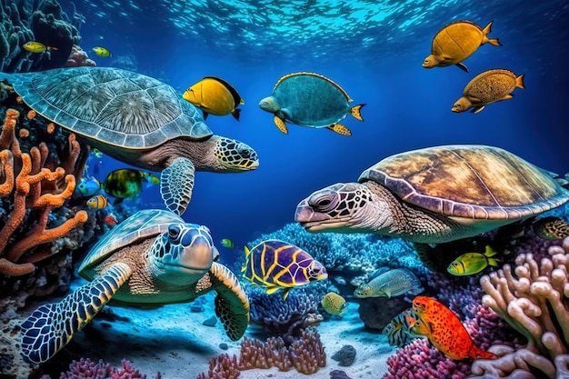 Coral reef with wild sea turtles and fish tropical ocean underwater life generative AI