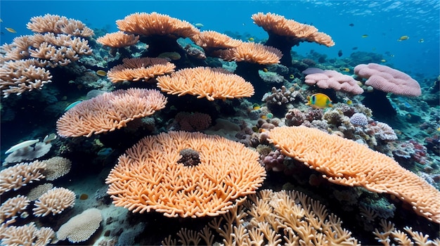 A coral reef with a yellow fish in the background.